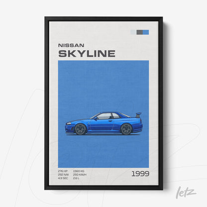 quadro com arte digital do carro Nissan Skyline 1999 em fundo claro e moldura preta