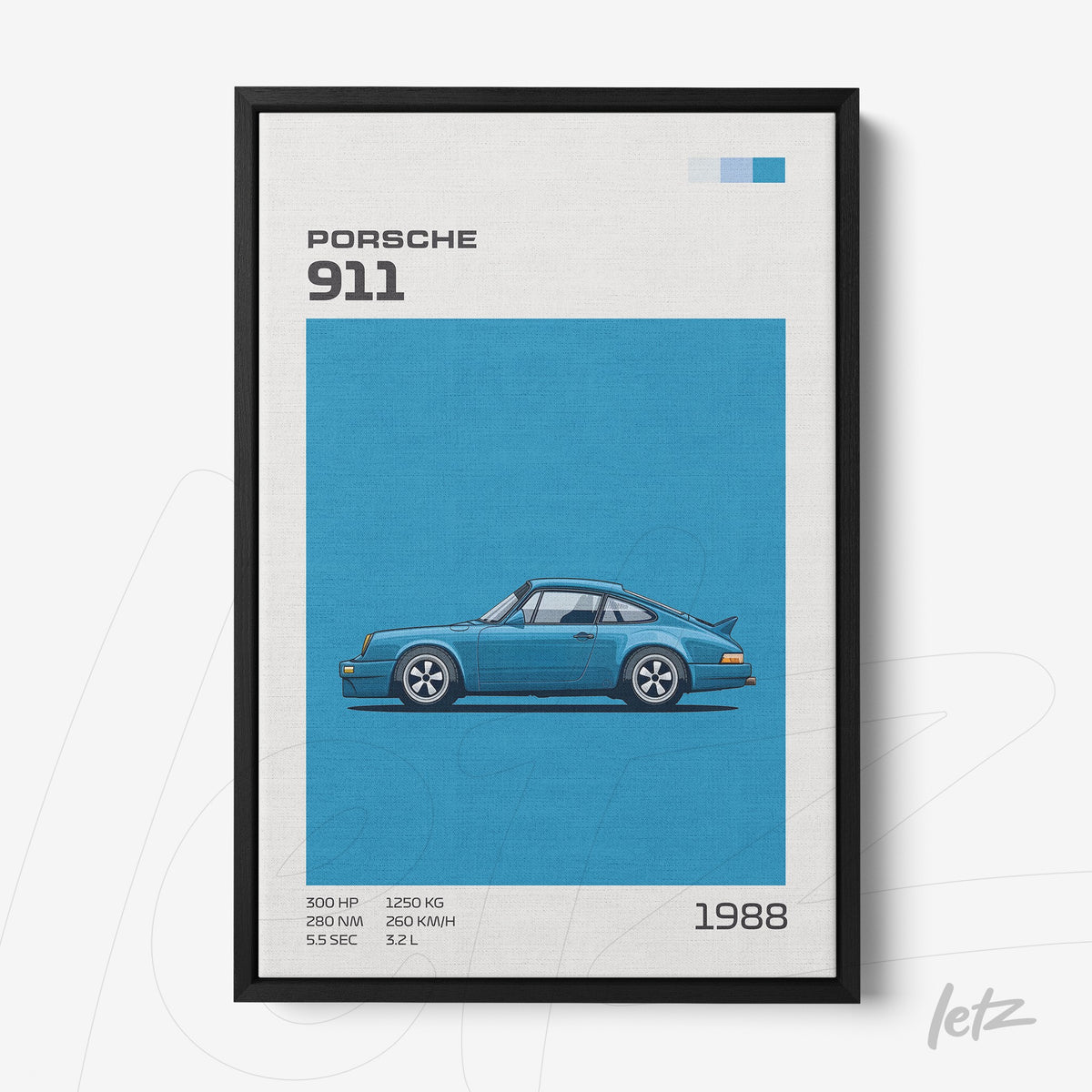 quadro com ilustração estilizada do carro Porsche 911 de 1988 em moldura preta, fundo azul vibrante e detalhes técnicos ao lado