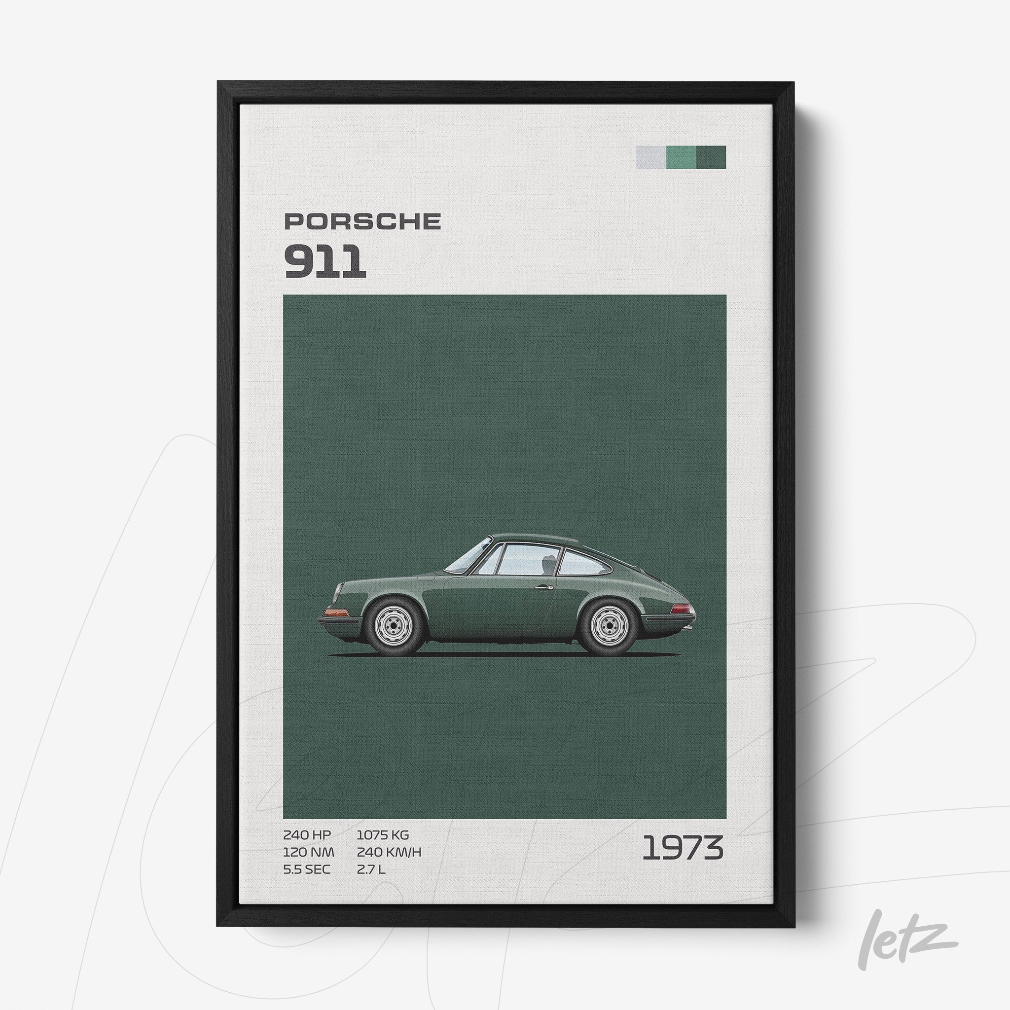 quadro com arte minimalista do carro Porsche 911 de 1973 em moldura preta