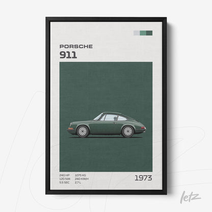 quadro com arte minimalista do carro Porsche 911 de 1973 em moldura preta