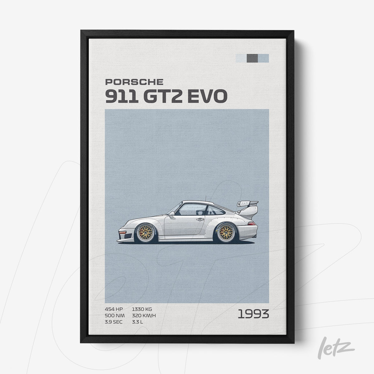 quadro decorativo do carro Porsche 911 GT2 EVO com ilustração em fundo azul claro e moldura preta