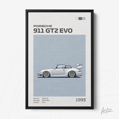 quadro decorativo do carro Porsche 911 GT2 EVO com ilustração em fundo azul claro e moldura preta