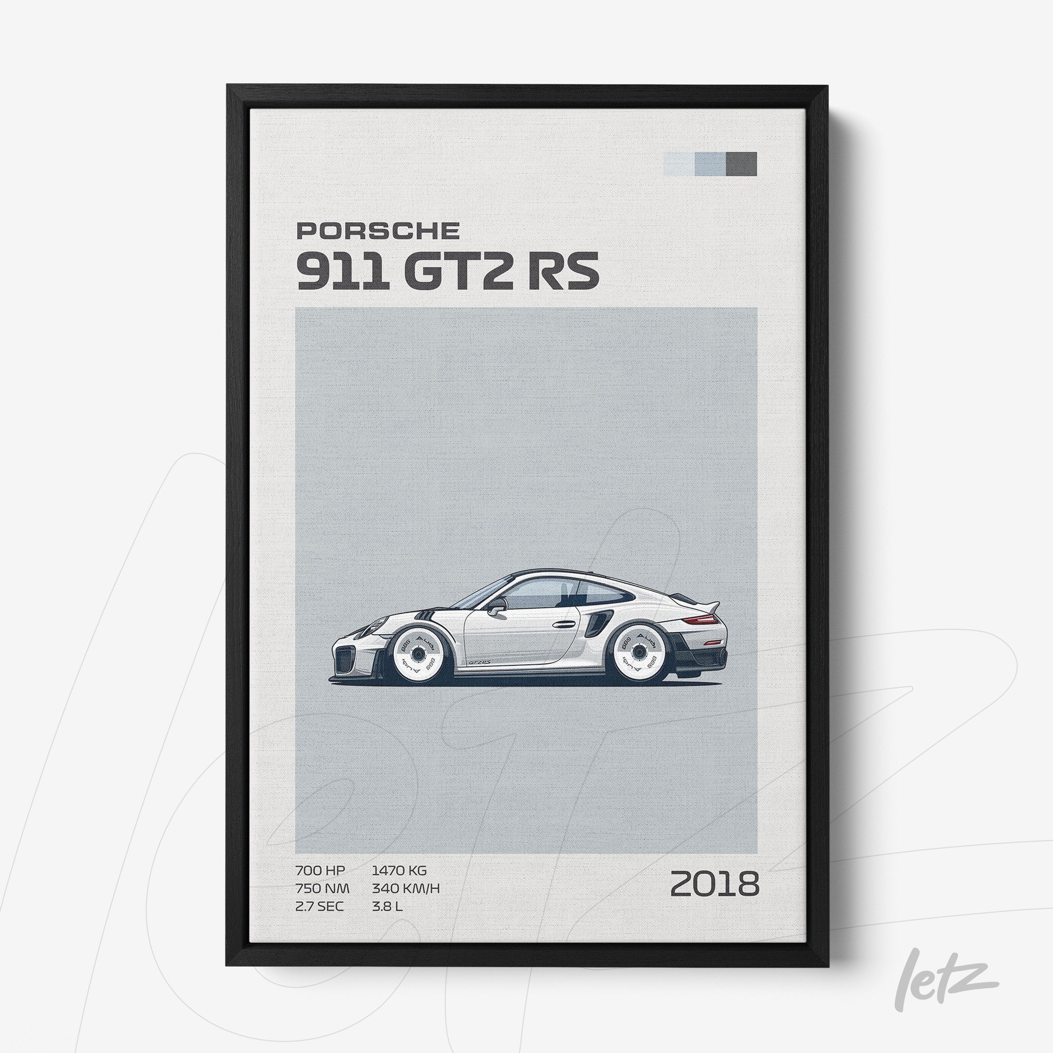 quadro com ilustração minimalista de um Porsche 911 GT2 RS em moldura preta