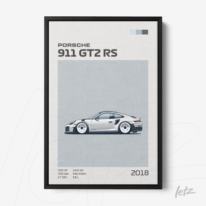quadro com ilustração minimalista de um Porsche 911 GT2 RS em moldura preta