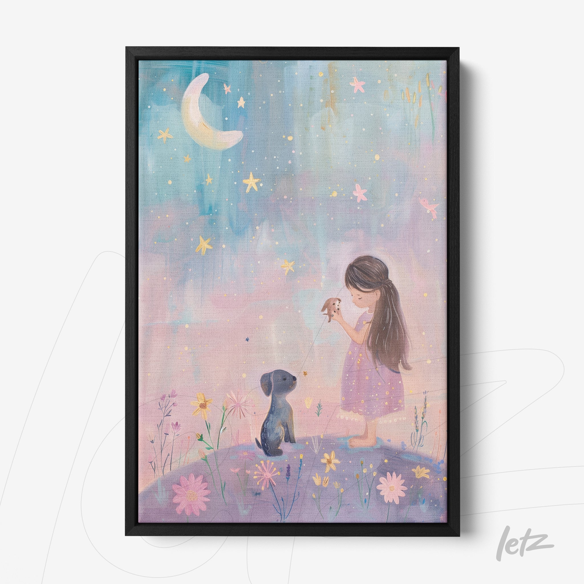 quadro com ilustração de uma menina e um cachorro observando a lua em fundo com estrelas e flores coloridas, em moldura preta