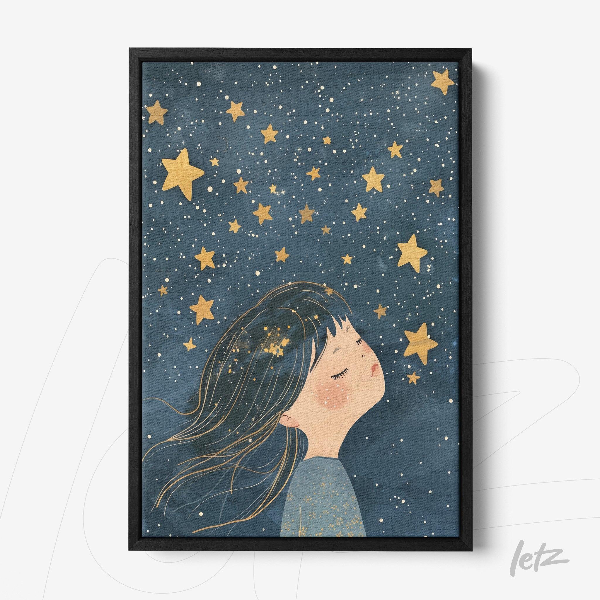 quadro com ilustração de menina sonhadora entre estrelas douradas em fundo azul escuro, moldura preta