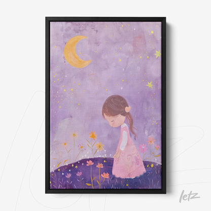 quadro com arte infantil de menina em vestido rosa com flores e lua crescente em fundo roxo