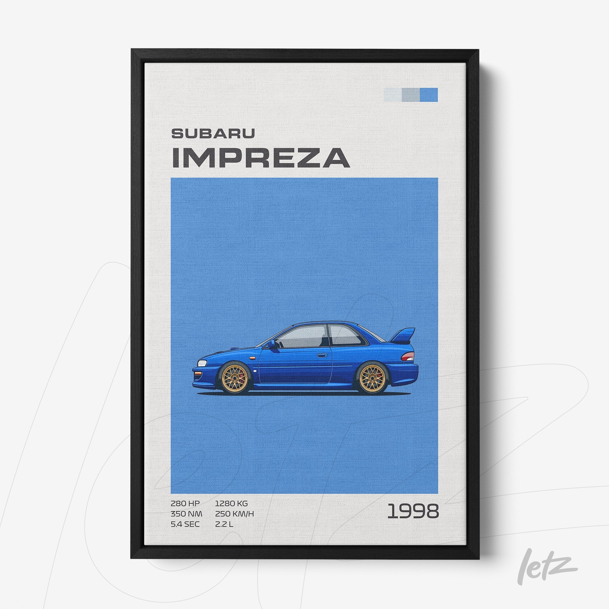 quadro com arte digital de um carro Subaru Impreza na cor azul sobre fundo neutro, moldura preta