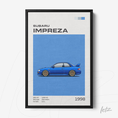 quadro com arte digital de um carro Subaru Impreza na cor azul sobre fundo neutro, moldura preta