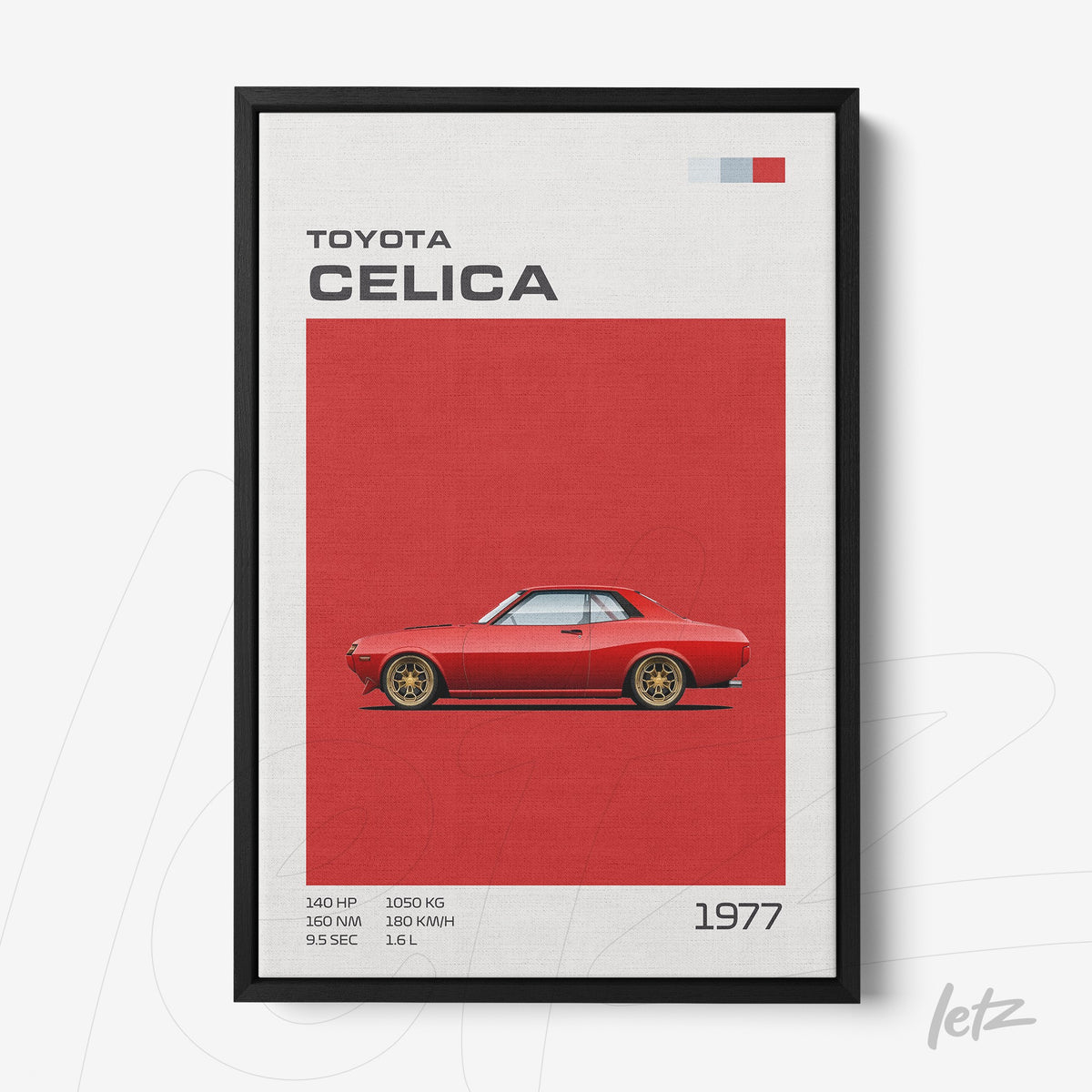 quadro com arte digital do carro Toyota Celica de 1977 em fundo vermelho e moldura preta