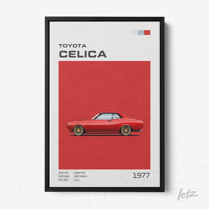 quadro com arte digital do carro Toyota Celica de 1977 em fundo vermelho e moldura preta