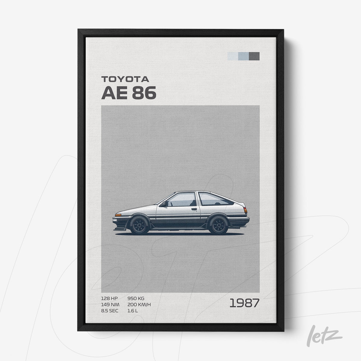 quadro com arte minimalista do carro Toyota AE86 em moldura preta