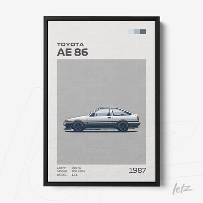 quadro com arte minimalista do carro Toyota AE86 em moldura preta