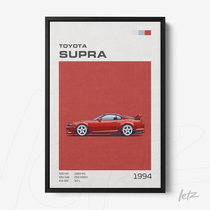 quadro com arte digital do carro Toyota Supra 1994 em moldura preta