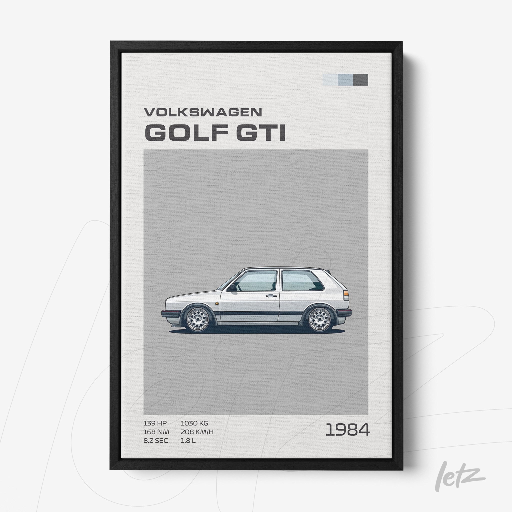 quadro com ilustração minimalista do carro Volkswagen Golf GTI de 1984 em moldura preta fina