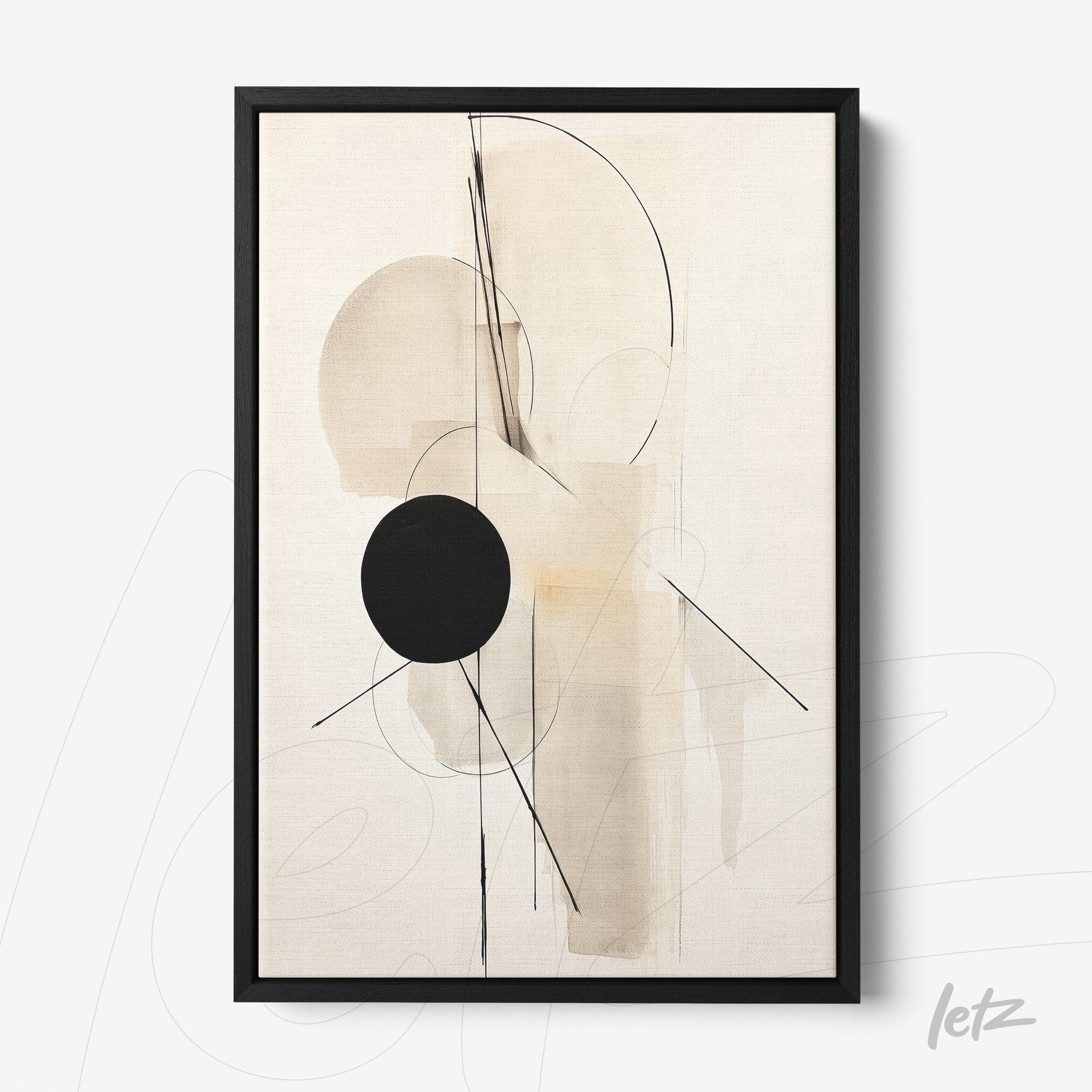 quadro com arte abstrata em tons neutros featuring formas geométricas, com moldura preta fina