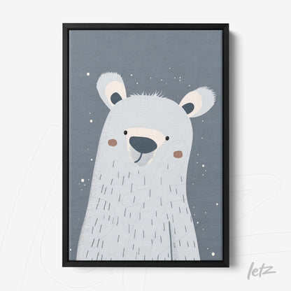 quadro infantil com ilustração fofa de urso polar em fundo cinza com moldura preta