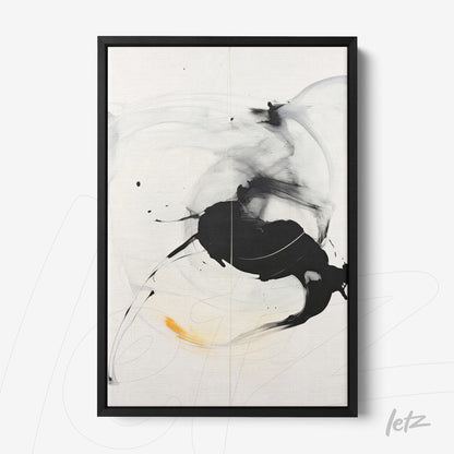 quadro com arte abstrata em preto, branco e toques de amarelo, em moldura preta