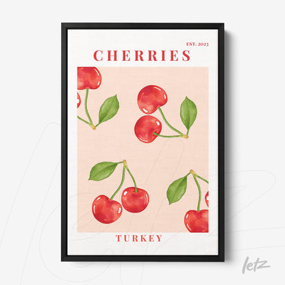 quadro decorativo com ilustração de cerejas vermelhas em fundo rosa, moldura preta e texto 'Cherries Turkey EST. 2023'