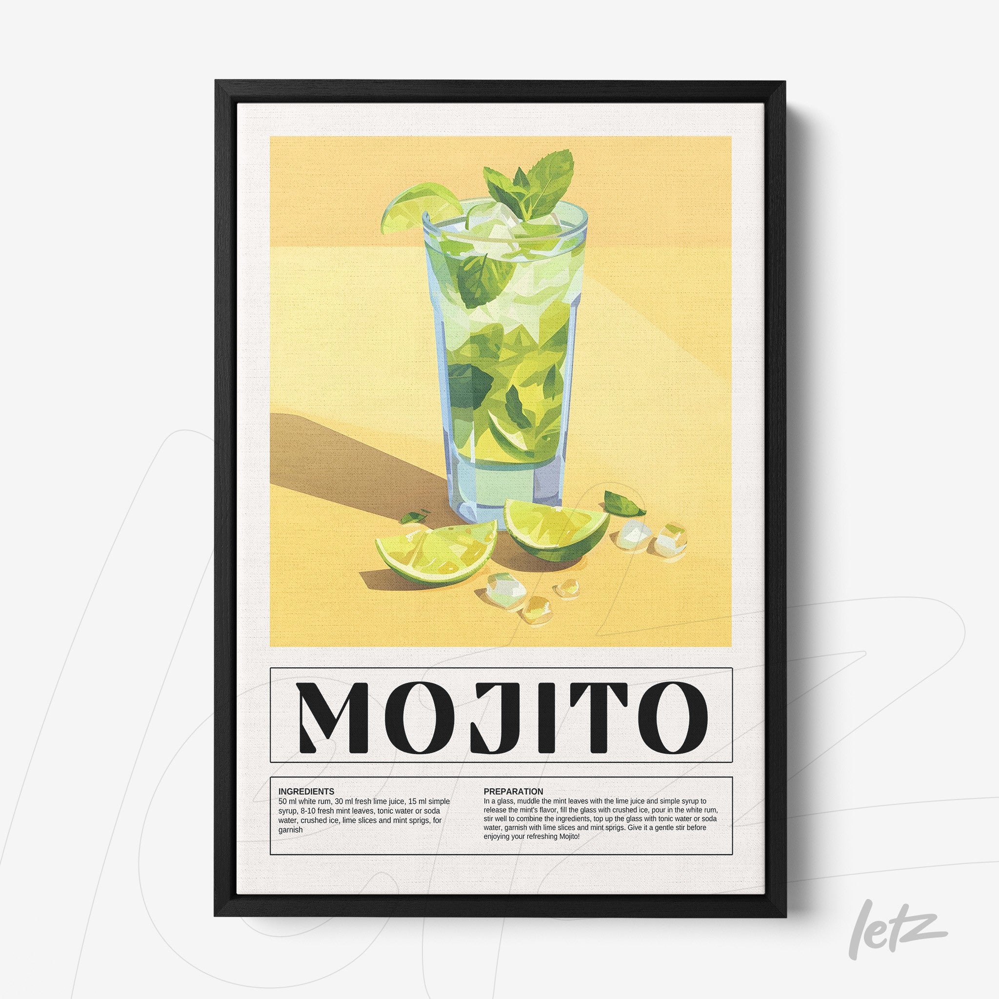 quadro com arte de mojito em fundo amarelo vibrante, destacando copo com gelo e limões, moldura preta