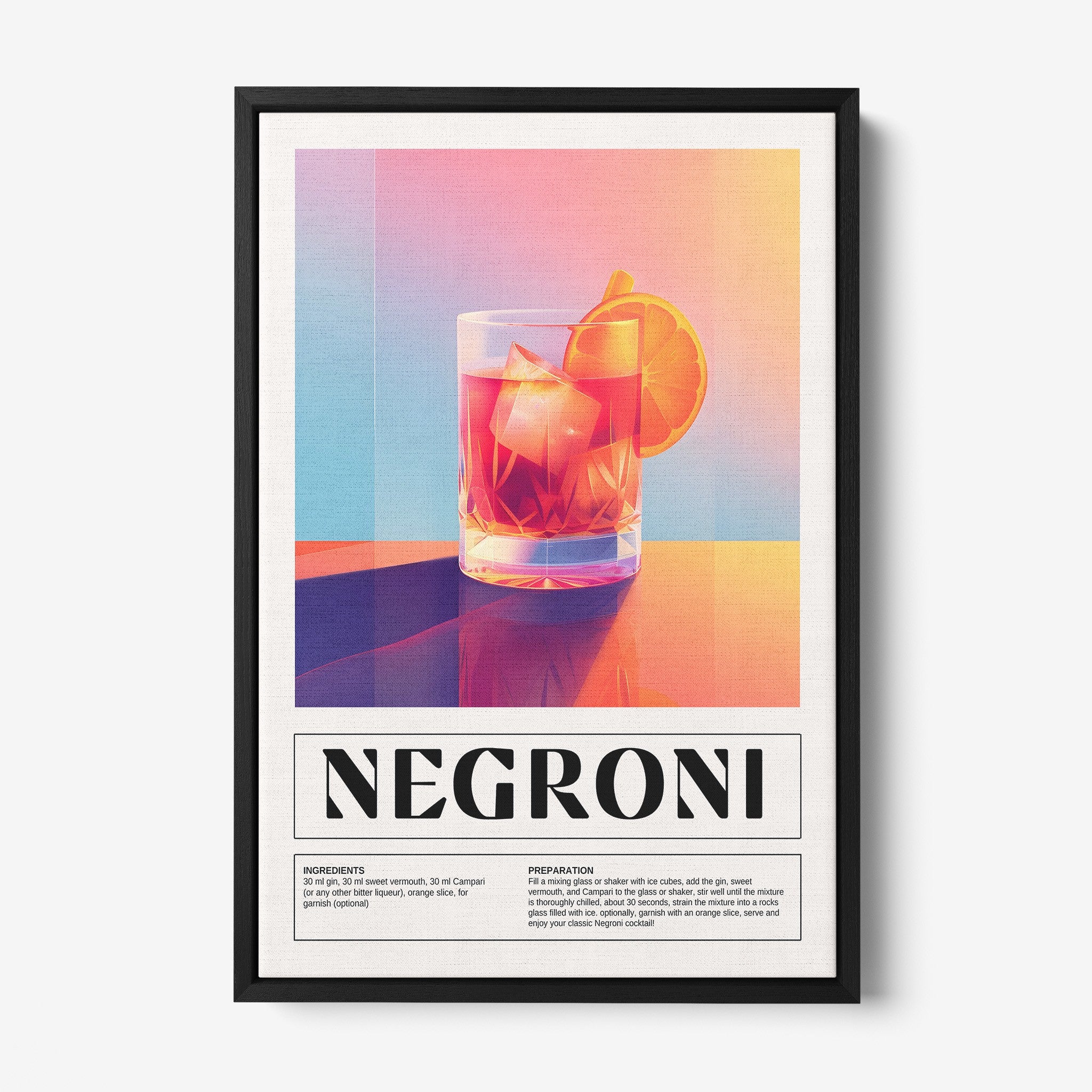 quadro decorativo com arte moderna de drink negroni em moldura preta