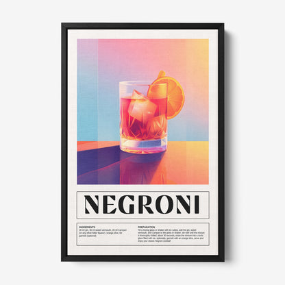 quadro decorativo com arte moderna de drink negroni em moldura preta