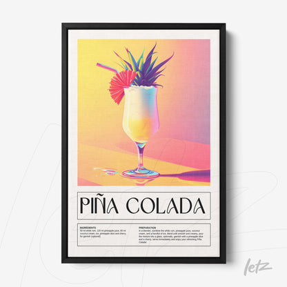quadro com arte retrô do drink piña colada em moldura preta fina