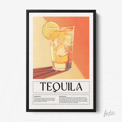 quadro decorativo com arte vintage de drink tequila em moldura preta, fundo alaranjado e amarelo