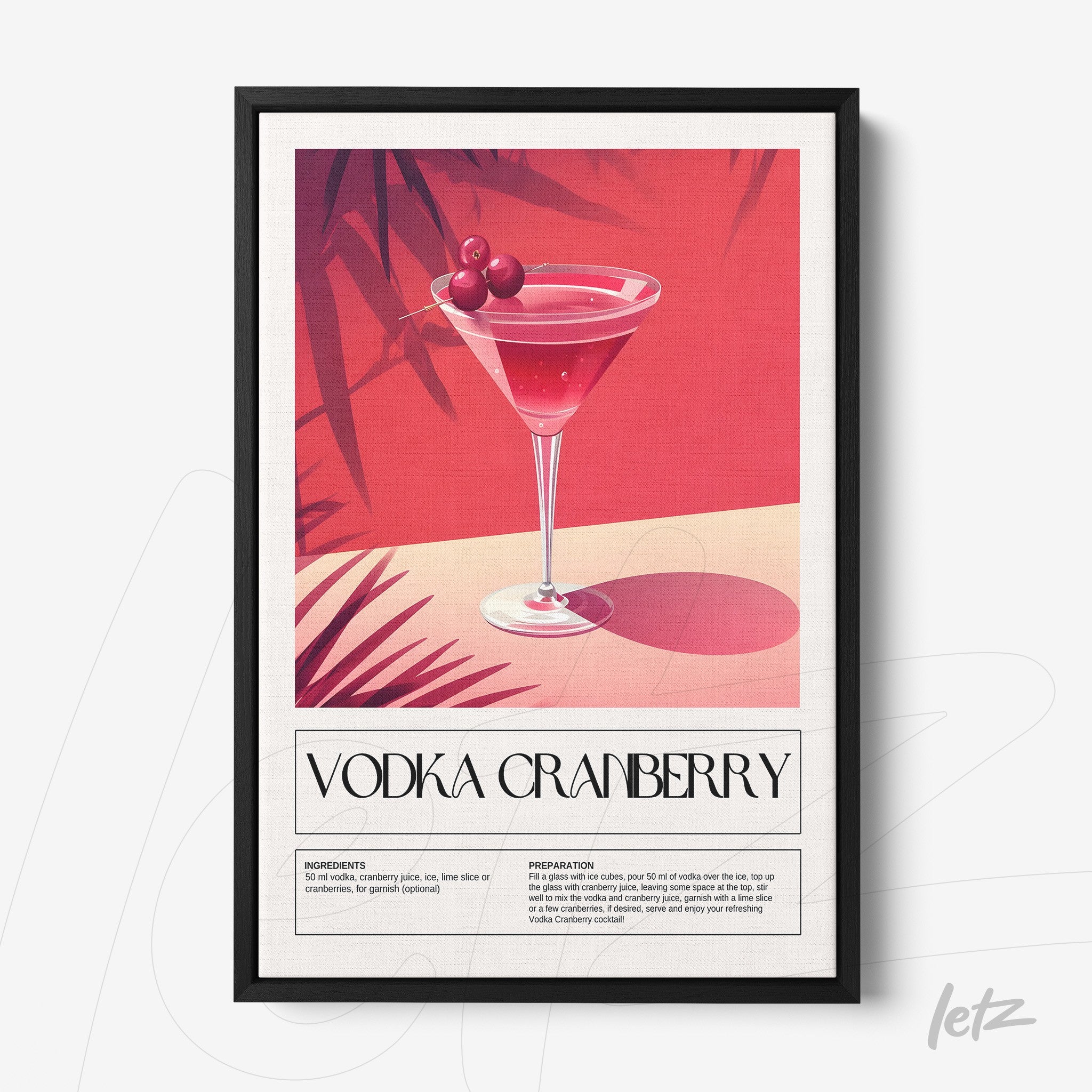 quadro com arte vintage de drink vodka cranberry em moldura preta com fundo rosa