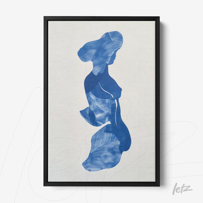 quadro com arte abstrata em tons de azul retratando a silhueta de uma mulher com moldura preta fina