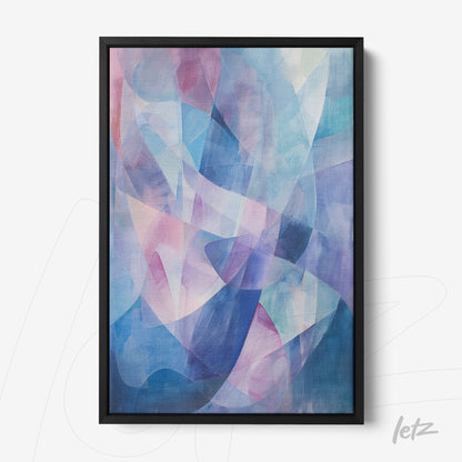 quadro com arte abstrata em tons de azul e rosa, moldura preta