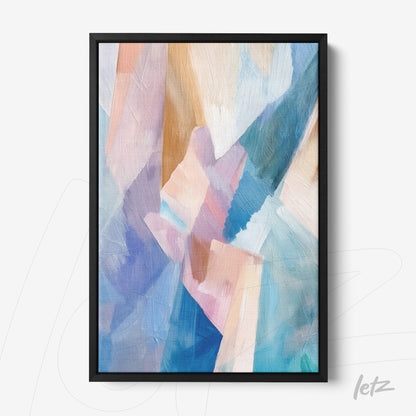 quadro com pintura abstrata em tons de azul, rosa e bege, moldura preta fina