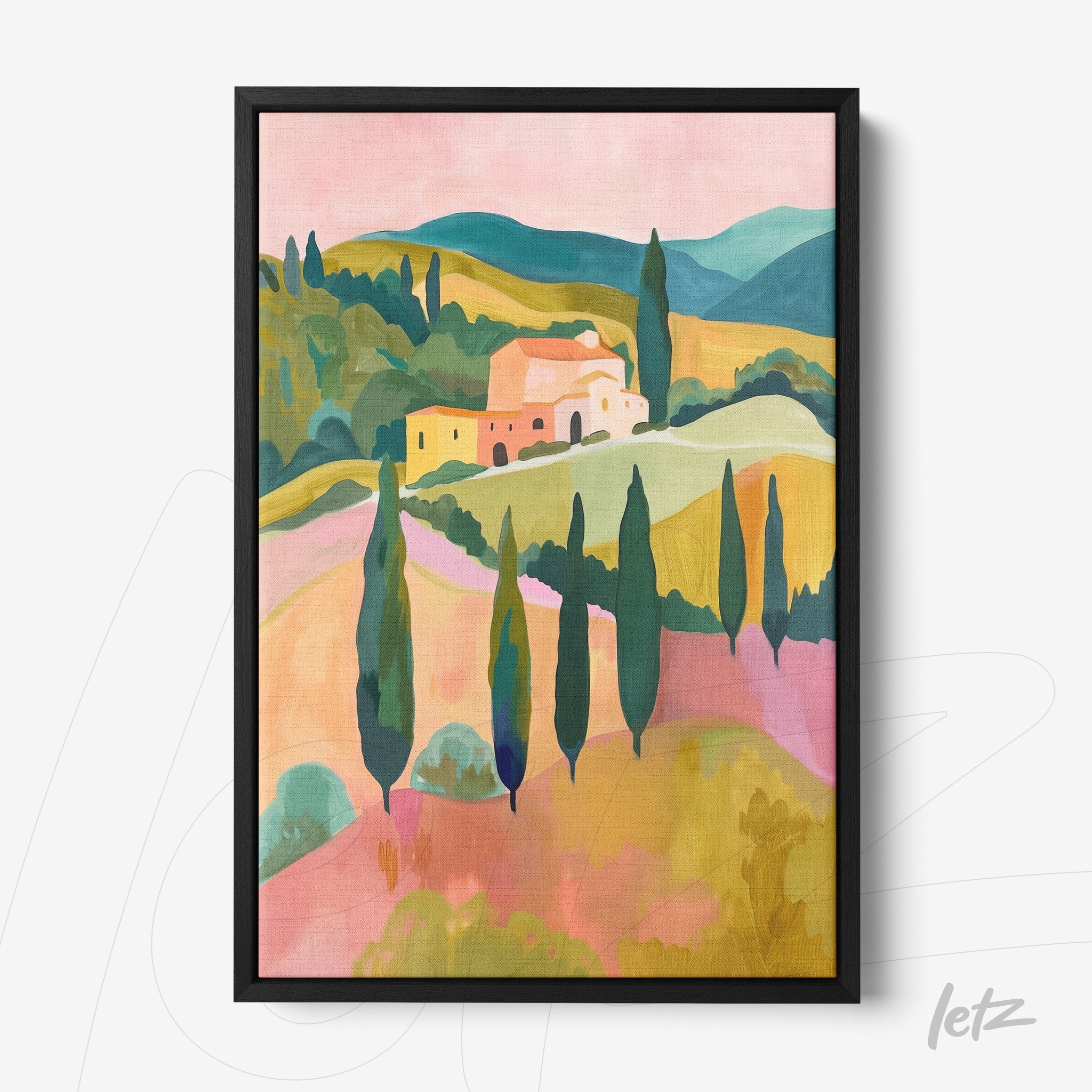 quadro com paisagem colorida de colinas italianas e ciprestes em moldura preta