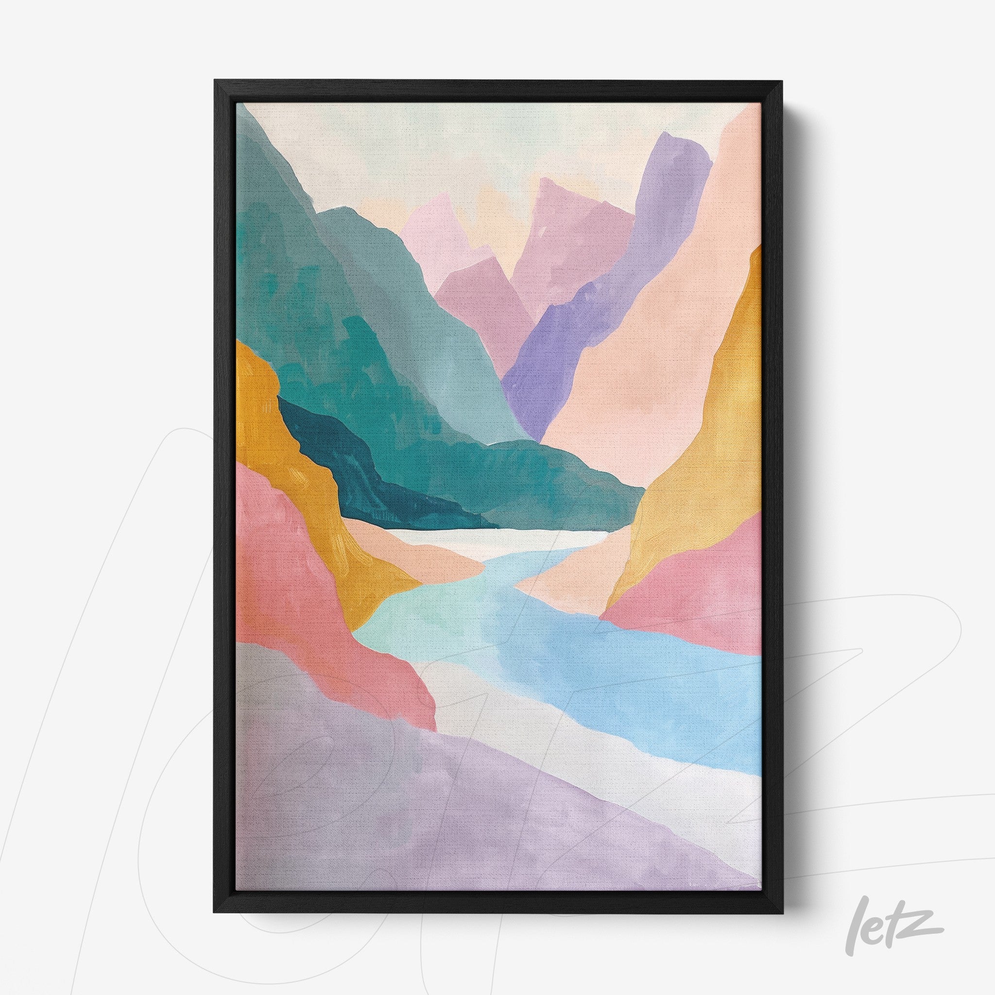 quadro com arte abstrata de paisagem montanhosa em moldura preta