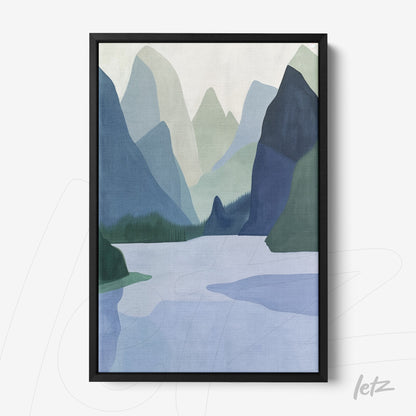 quadro com arte abstrata de paisagem montanhosa em moldura preta