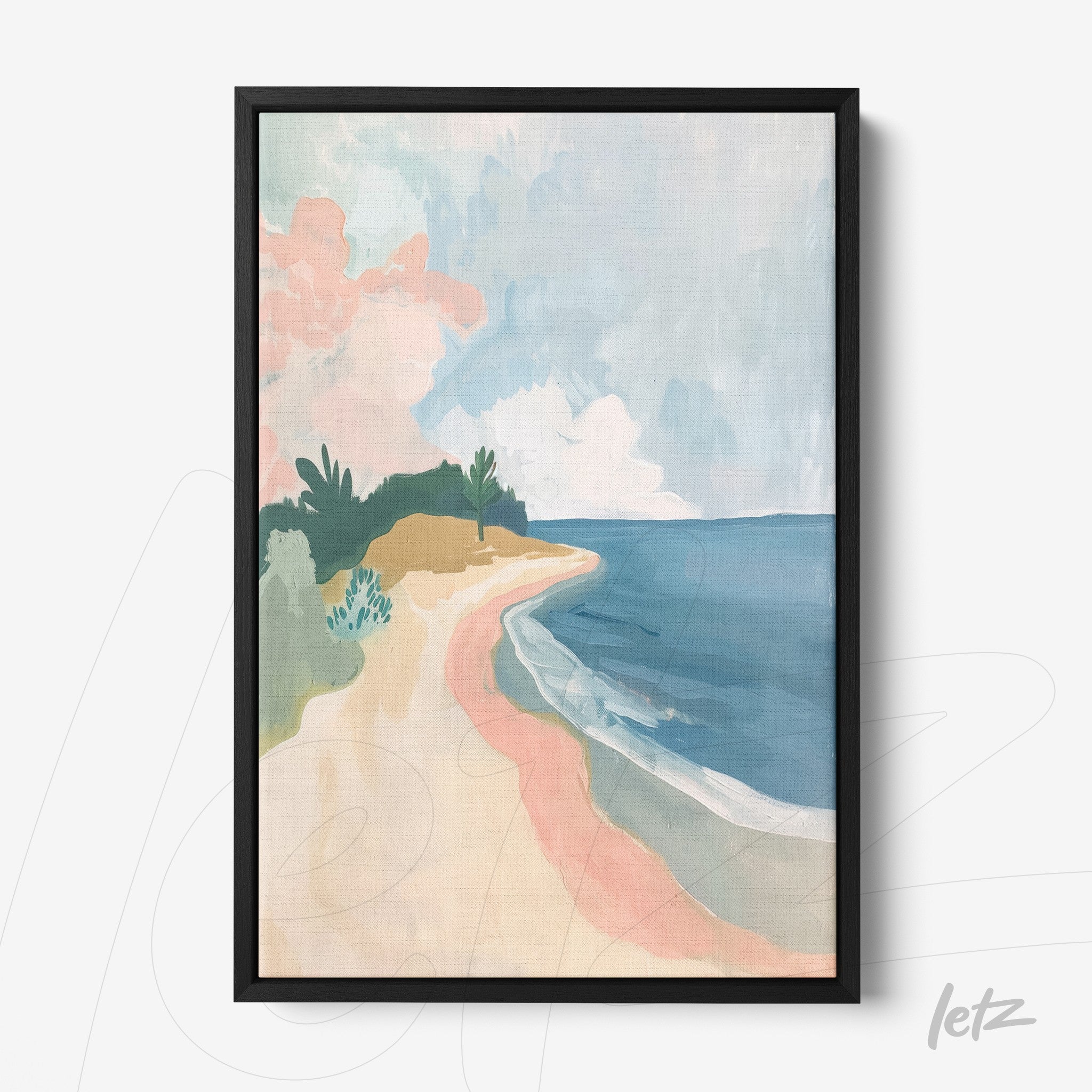 quadro com arte abstrata de praia em tons pastéis e moldura preta