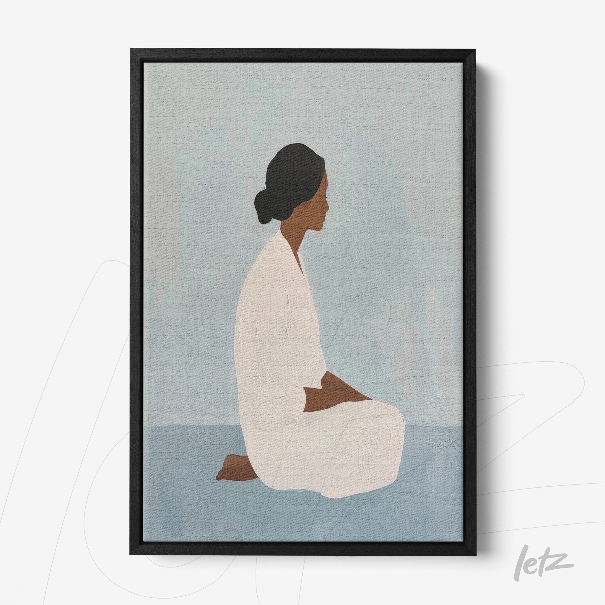 quadro com arte abstrata de figura feminina em posição de meditação, moldura preta