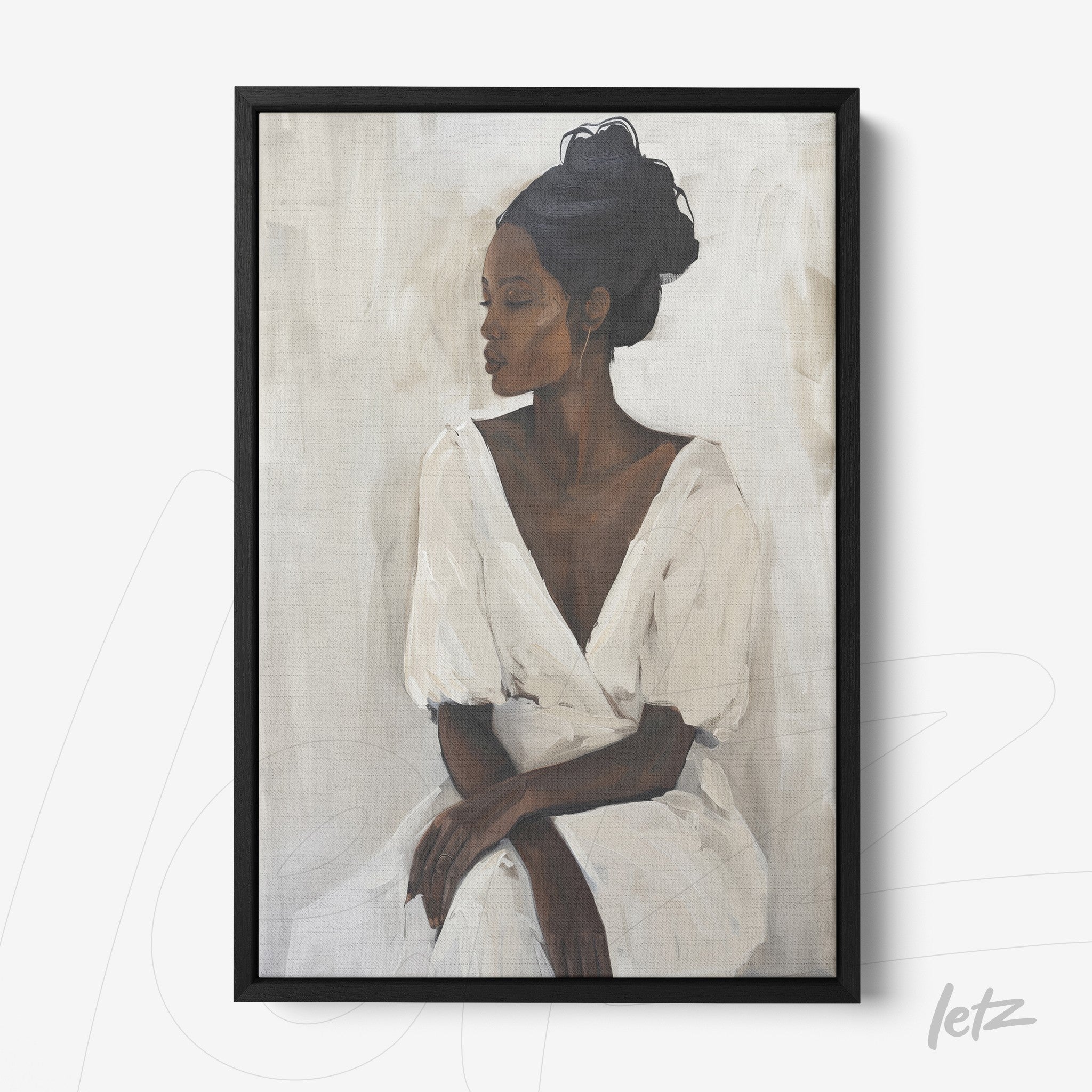 quadro com arte retratando uma mulher com vestido branco em moldura preta