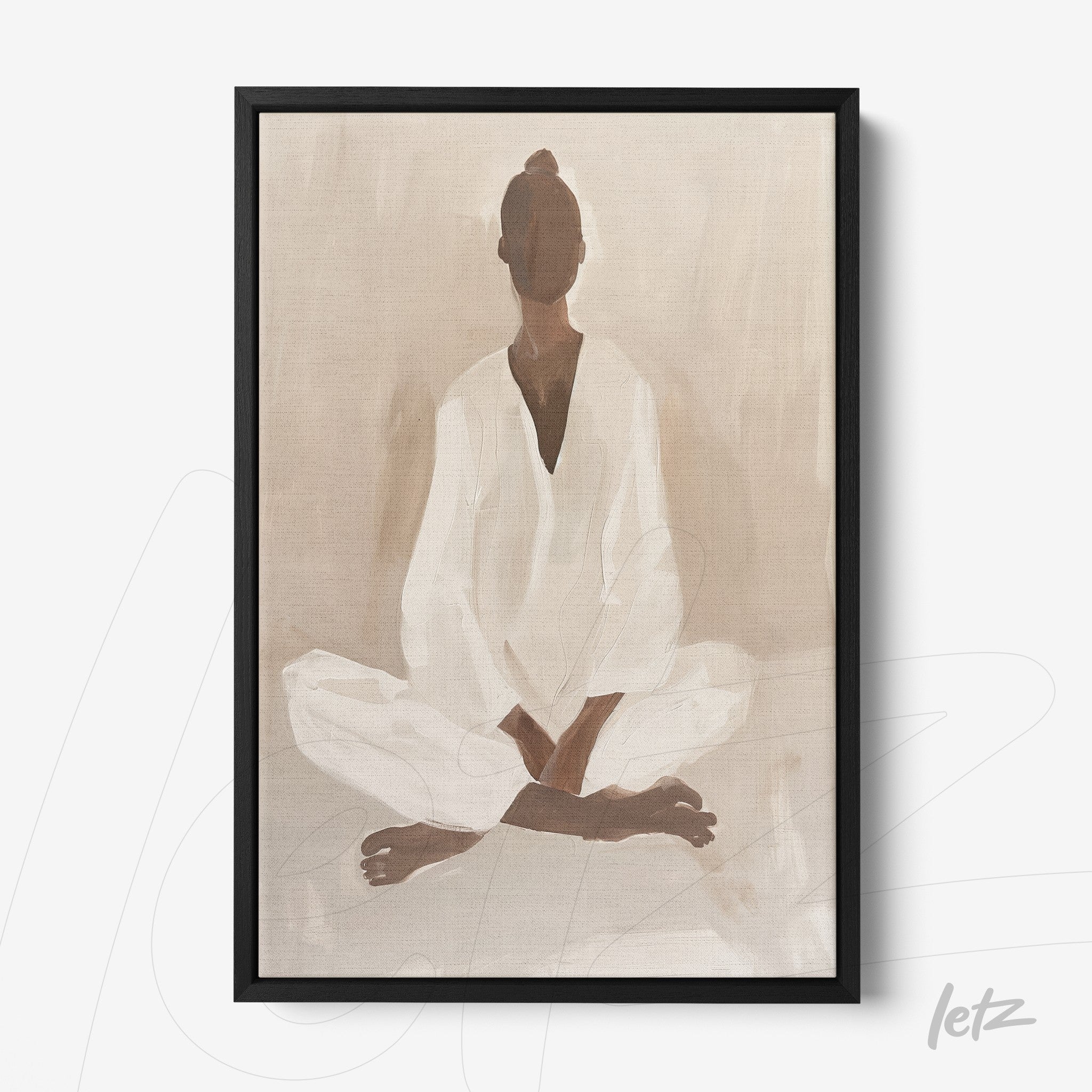 quadro com arte minimalista de figura meditando em tons neutros e moldura preta