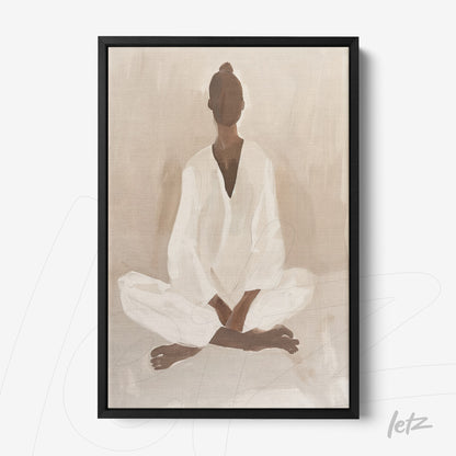 quadro com arte minimalista de figura meditando em tons neutros e moldura preta