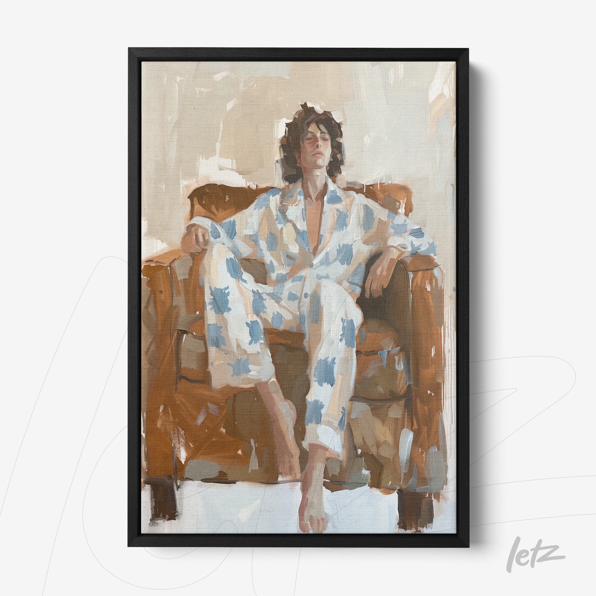 quadro com pintura moderna de um homem em uma cadeira de couro, usando um traje branco com estampas azuis