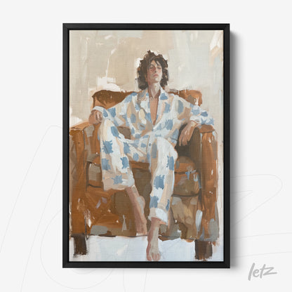 quadro com pintura moderna de um homem em uma cadeira de couro, usando um traje branco com estampas azuis