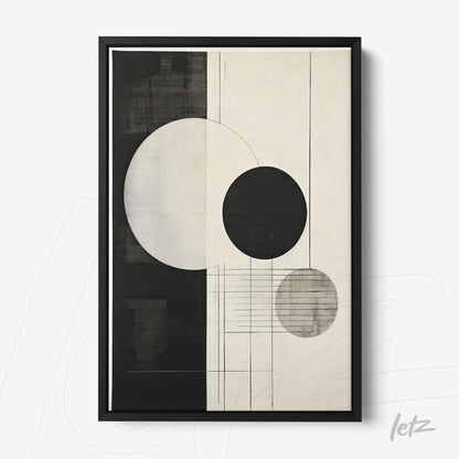 quadro com arte abstrata em preto e branco com formas geométricas circulares, moldura preta
