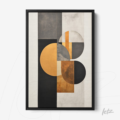 quadro moderno com composições geométricas em tons de preto, cinza e ouro, moldura preta