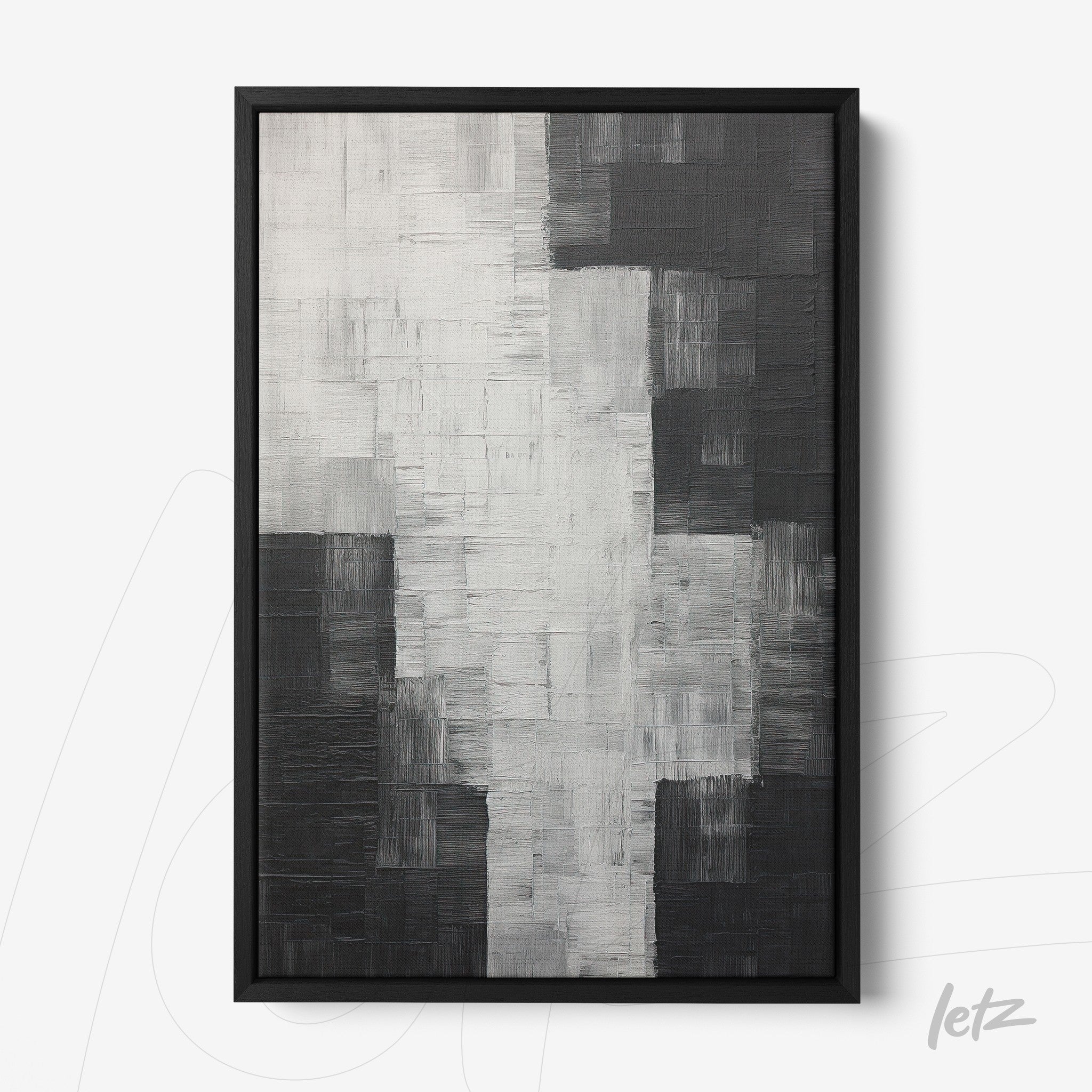 quadro abstrato em preto e branco com textura suave em moldura preta