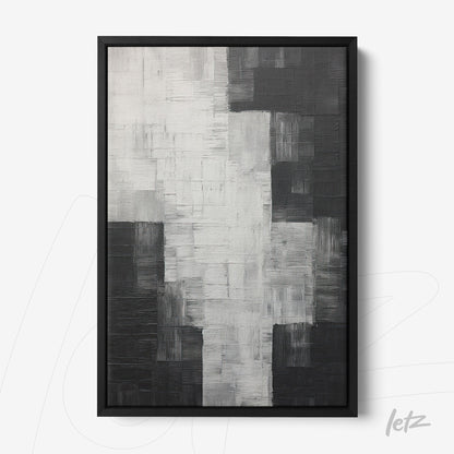 quadro abstrato em preto e branco com textura suave em moldura preta