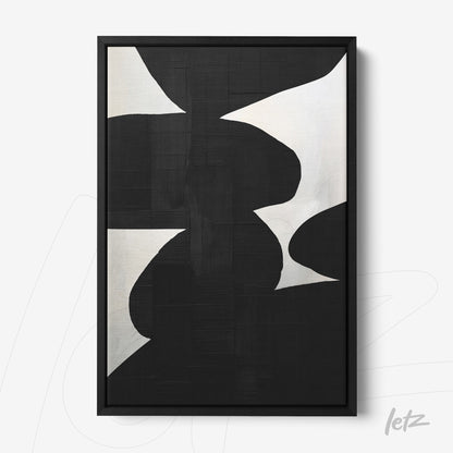 quadro moderno com formas abstratas em preto e branco, moldura preta fina