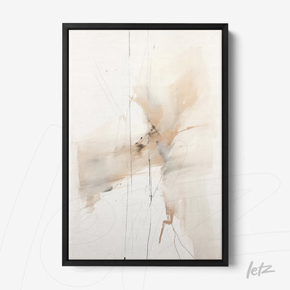 quadro com arte abstrata em tons neutros sobre fundo claro, emoldurado com moldura preta