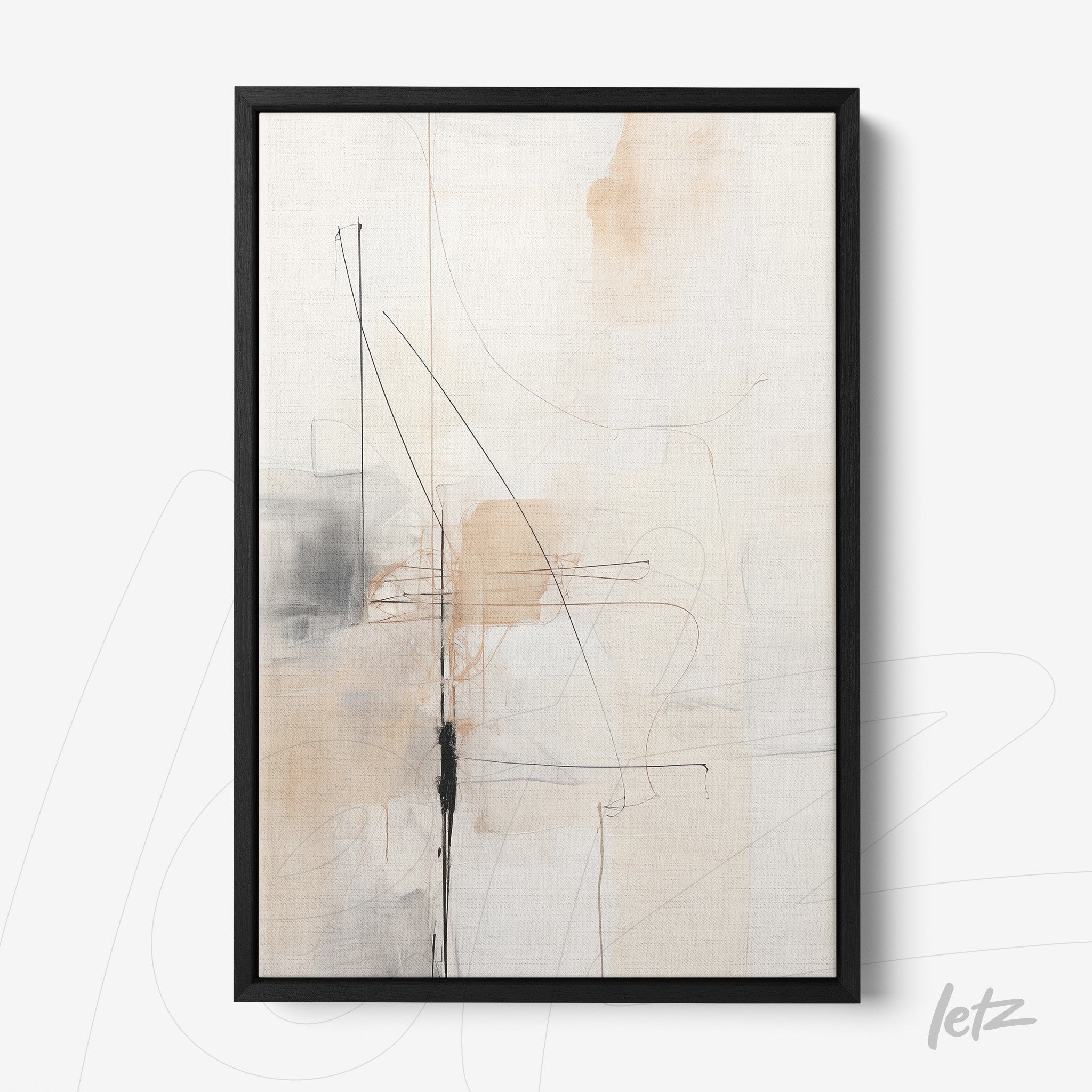 quadro abstrato em tons neutros com traços pretos e moldura preta fina