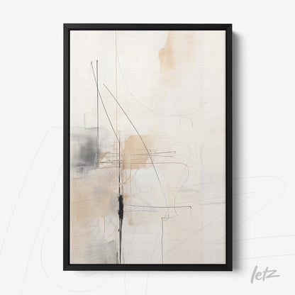 quadro abstrato em tons neutros com traços pretos e moldura preta fina